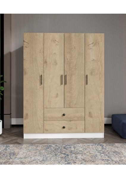 %100 Mdf 4 Kapaklı 2 Çekmeceli 12 Raflı Elbise Dolabı – Gardırop 182X140X52 cm Meşe Soft Beyaz – Animasyonlu / Moriva fırsatları