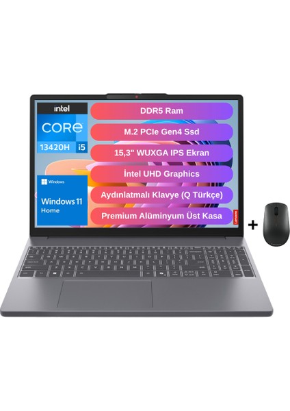 Ideapad Slim 3 15IRH10 Intel Core I5-13420H 24GB 512GB SSD 15.3" Wuxga IPS Windows 11 Home Dizüstü Bilgisayar - Lenovo Mouse WZ32