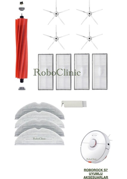 Roborock S7 / S7 Sonic Mopping Robot Süpürge Uyumlu Yedek Fırça, Hepa Filtre, Mop - 14 Parça