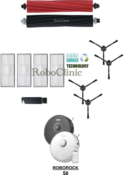 Roborock S8 Yedek Ana Fırça, Yan Fırça, Hepa Filtre - 11 Parça
