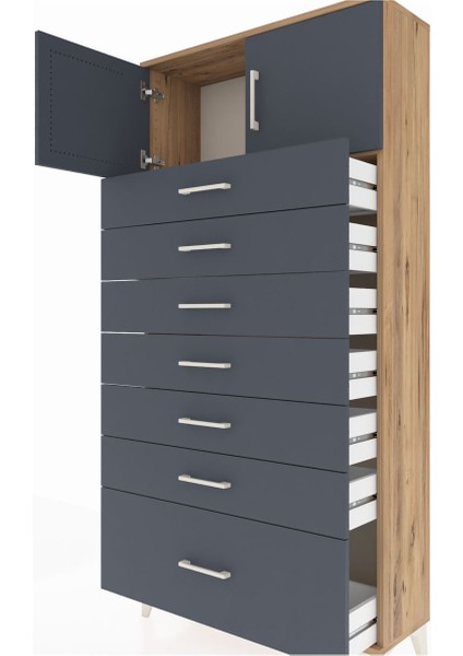 Arges Dolap Tek Raflı 7 Çekmeceli 2 Kapaklı 88X30X182 Çam-Antrasit indirimleri