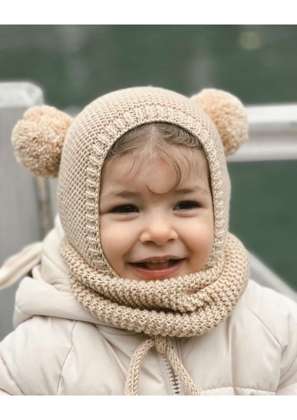 Ponponlu Unisex El Örgüsü Bebek/çocuk Bere-Boyunluk Takımı