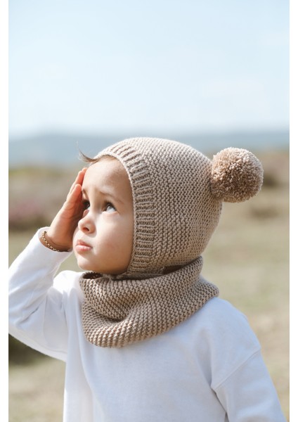 Ponponlu Unisex El Örgüsü Bebek/çocuk Bere-Boyunluk Takımı