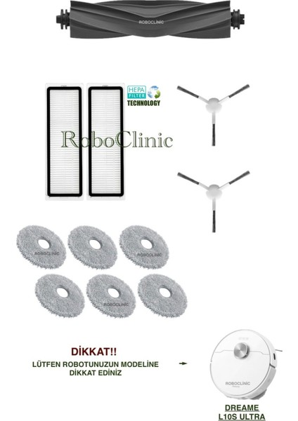 Dreame Bot L10S Ultra Yedek Ana Fırça, Yan Fırça, Hepa Filtre, Mop - 11 Parça