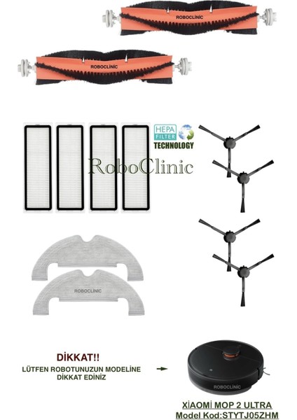 Xiaomi Mi Vacuum Mop 2 Ultra Yedek Ana Fırça, Yan Fırça, Hepa Filtre, Mop - 12 Parça