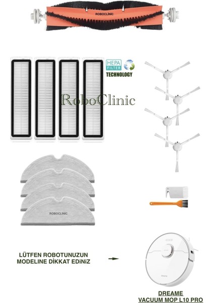 Dreame Vacuum Mop L10 Pro Beyaz Yedek Ana Fırça, Yan Fırça, Hepa Filtre, Mop - 15 Parça