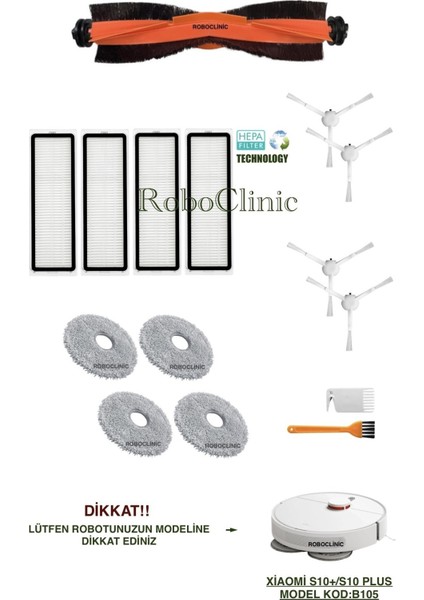 Xiaomi Robot Vacuum S10+ / S10 Plus Robot Süpürge Uyumlu Yedek Fırça, Hepa Filtre, Mop - 15 Parça