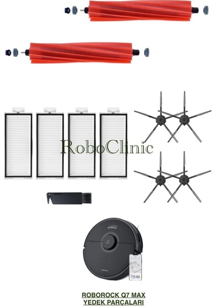 Roborock Q7 Max Siyah Yedek Ana Fırça, Yan Fırça, Hepa Filtre - 11 Parça