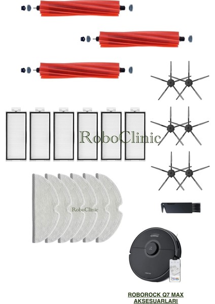 Roborock Q7 Max Siyah Yedek Ana Fırça, Yan Fırça, Hepa Filtre, Mop - 22 Parça