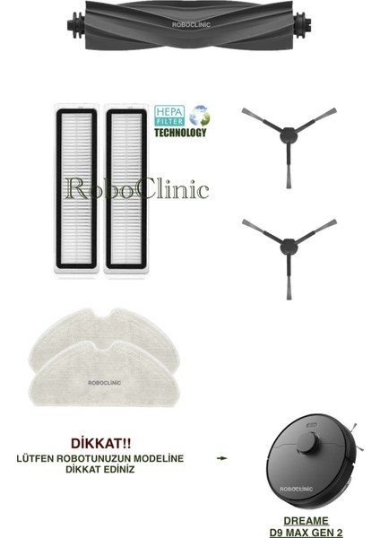 Dreame D9 Max Gen 2 Yedek Ana Fırça, Yan Fırça, Hepa Filtre, Mop - 7 Parça