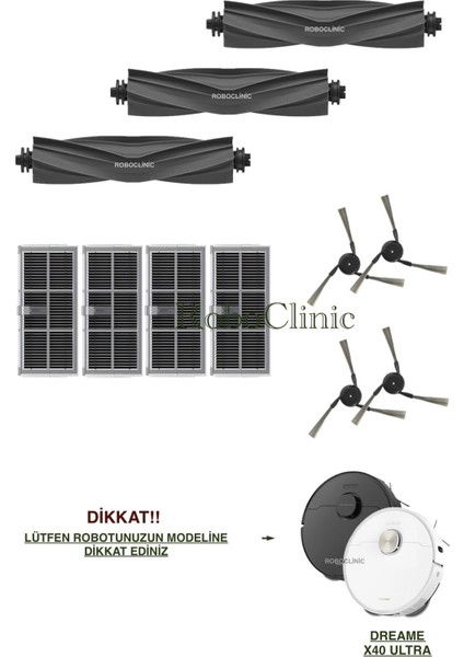 Dreame X40 Ultra / L40 Ultra Yedek Ana Fırça, Yan Fırça, Hepa Filtre - 11 Parça