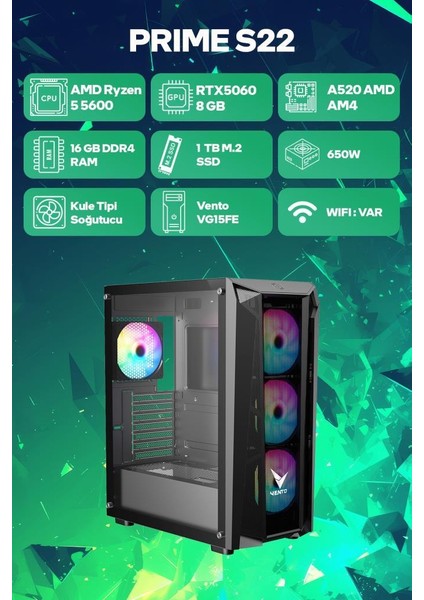 Prime S22 Amd Ryzen 5 5600 16GB Ram 1tb SSD RTX5060 Freedos Oyuncu OEM Paket