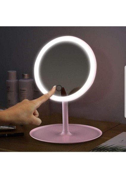 Pembe Dokunmatik LED Işıklı USB Yuvarlak Makyaj Aynası