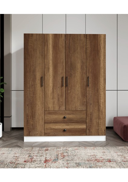 %100 Mdf 4 Kapaklı 2 Çekmeceli 12 Raflı Elbise Dolabı – Gardırop 182X140X52 cm Ceviz Soft Beyaz – Aniamsyonlu/moriva