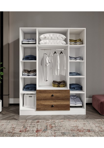 %100 Mdf 4 Kapaklı 2 Çekmeceli 12 Raflı Elbise Dolabı – Gardırop 182X140X52 cm Ceviz Soft Beyaz – Aniamsyonlu/moriva modelleri