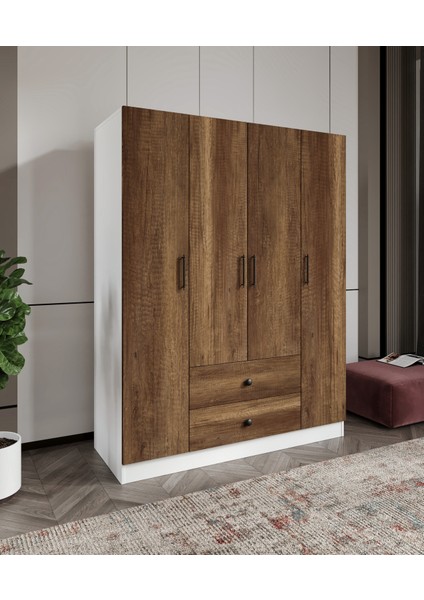 %100 Mdf 4 Kapaklı 2 Çekmeceli 12 Raflı Elbise Dolabı – Gardırop 182X140X52 cm Ceviz Soft Beyaz – Aniamsyonlu/moriva indirimleri