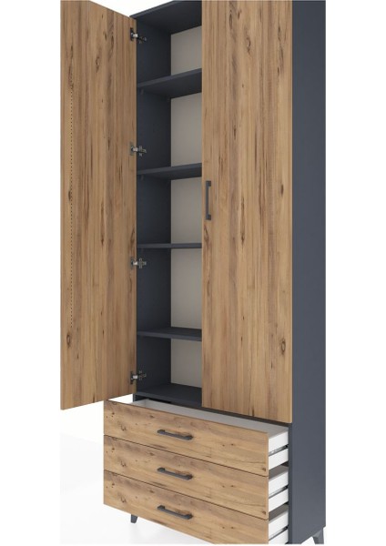 Arges Dolap 5 Raflı 3 Çekmeceli 2 Kapaklı 88X30X243 Antrasit-Çam indirimleri