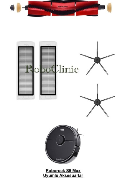 Roborock S5 Max Siyah Robot Süpürge Uyumlu Yedek Fırça, Hepa Filtre - 5 Parça