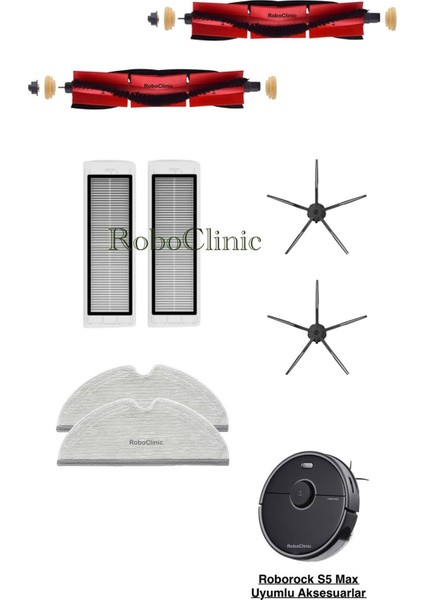 Roborock S5 Max Siyah Robot Süpürge Uyumlu Yedek Fırça, Hepa Filtre, Mop - 8 Parça