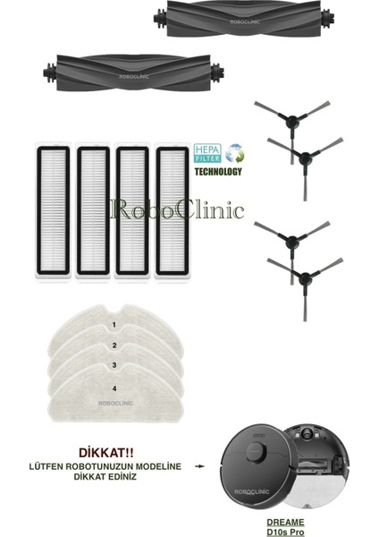 Dreame Bot D10S Pro Siyah Yedek Ana Fırça, Yan Fırça, Hepa Filtre, Mop - 14 Parça