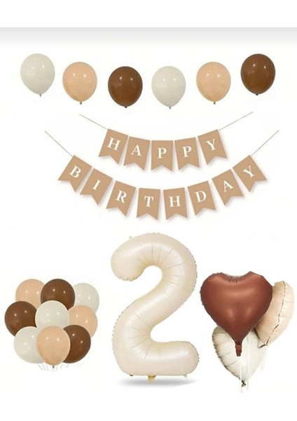 2 Iki Yaş Retro Doğum Günü Seti; Krem Rakam Folyo, Banner, Kalp Folyo ve Lateks Balon