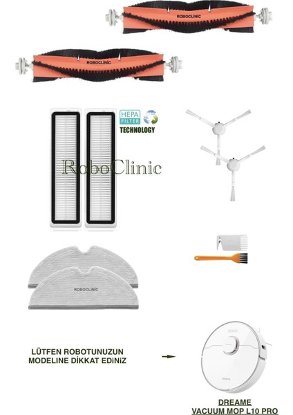 Dreame Vacuum Mop L10 Pro Beyaz Yedek Ana Fırça, Yan Fırça, Hepa Filtre, Mop - 10 Parça