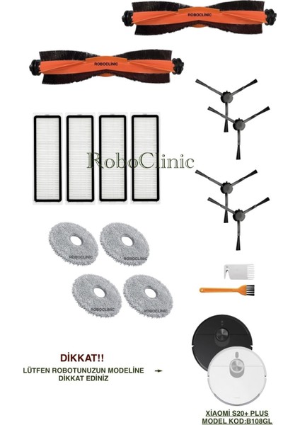 Xiaomi Robot Vacuum S20+ / S20 Plus Robot Süpürge Uyumlu Yedek Ana Fırça, Yan Fırça, Hepa Filtre, Mop - 16 Parça