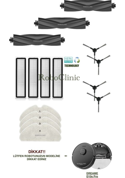 Dreame Bot D10S Pro Siyah Yedek Ana Fırça, Yan Fırça, Hepa Filtre, Mop - 15 Parça