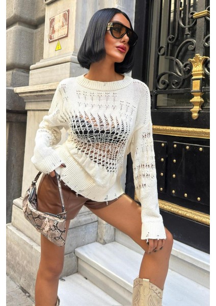 Mihaela Oversize Ajurlu Kazak-Ekru
