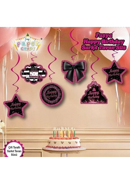 Pembe Happy Birthday 6 Lı Sarkıt Tavan Süs