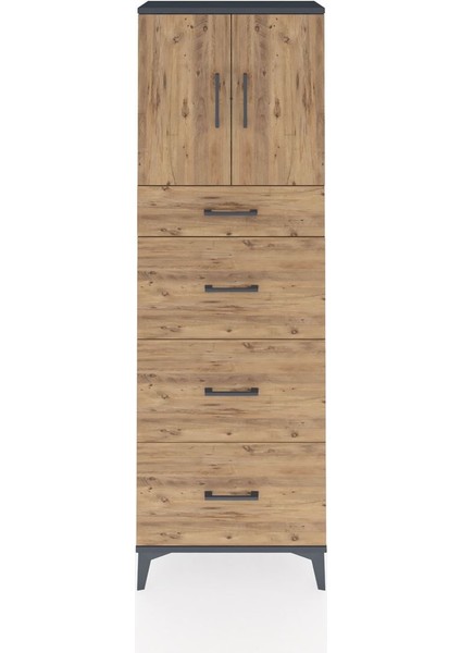 Arges Dolap 2 Raflı 4 Çekmeceli 2 Kapaklı 60X30X182 Antrasit-Çam