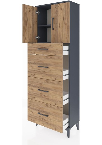Arges Dolap 2 Raflı 4 Çekmeceli 2 Kapaklı 60X30X182 Antrasit-Çam fırsatları