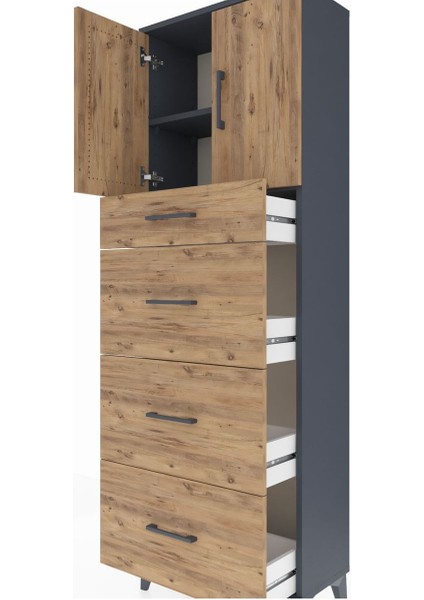 Arges Dolap 2 Raflı 4 Çekmeceli 2 Kapaklı 60X30X182 Antrasit-Çam indirimleri