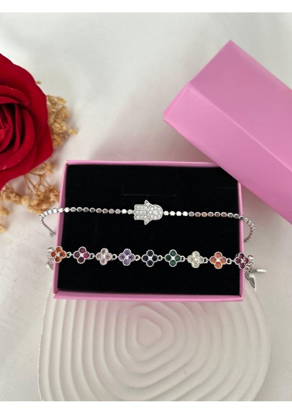 Taşlı Yonca Çiçek Bileklik Ezme Zincir Gümüş Renk 2'li Vip Xuping Set Sevgiliye Hediye fiyatları