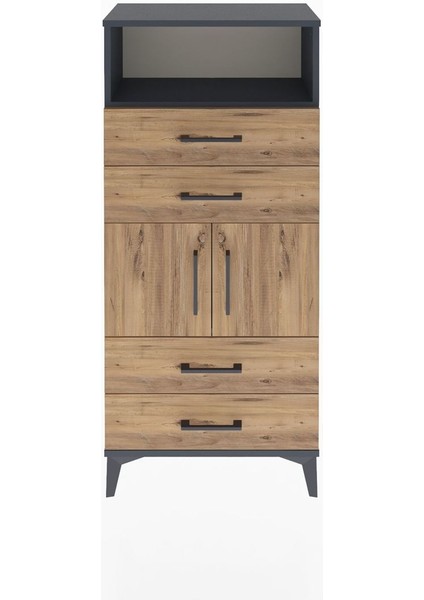 Arges Dolap 2 Raflı 4 Çekmeceli 2 Kapaklı 60X30X134 Antrasit-Çam