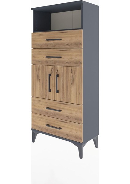 Arges Dolap 2 Raflı 4 Çekmeceli 2 Kapaklı 60X30X134 Antrasit-Çam modelleri