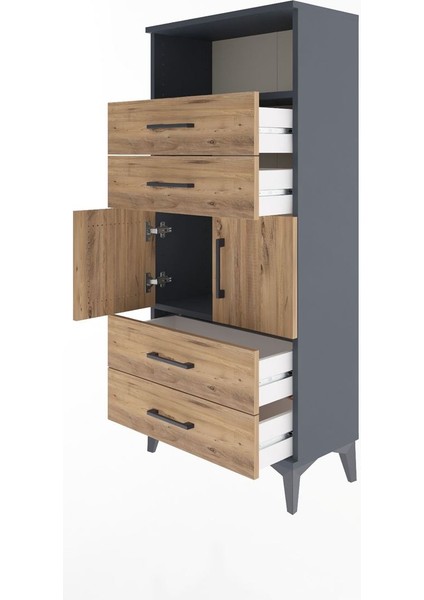 Arges Dolap 2 Raflı 4 Çekmeceli 2 Kapaklı 60X30X134 Antrasit-Çam fırsatları