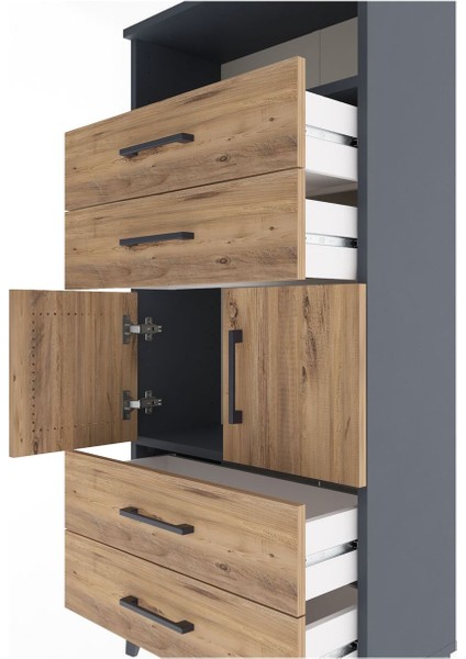 Arges Dolap 2 Raflı 4 Çekmeceli 2 Kapaklı 60X30X134 Antrasit-Çam indirimleri