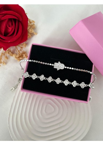 Taşlı Yonca Çiçek Bileklik Ezme Zincir Gümüş Renk 2'li Vip Xuping Set Sevgiliye Hediye