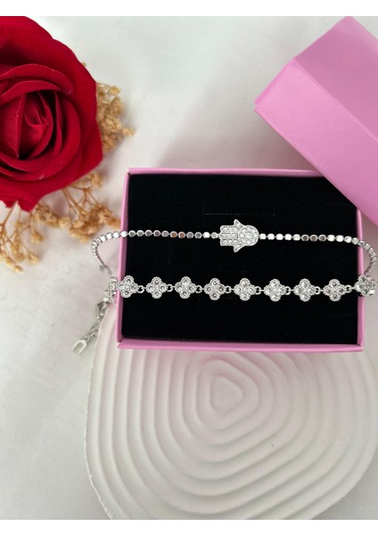 Taşlı Yonca Çiçek Bileklik Ezme Zincir Gümüş Renk 2'li Vip Xuping Set Sevgiliye Hediye fiyatları