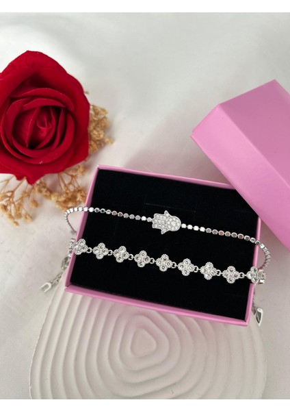 Taşlı Yonca Çiçek Bileklik Ezme Zincir Gümüş Renk 2'li Vip Xuping Set Sevgiliye Hediye modelleri