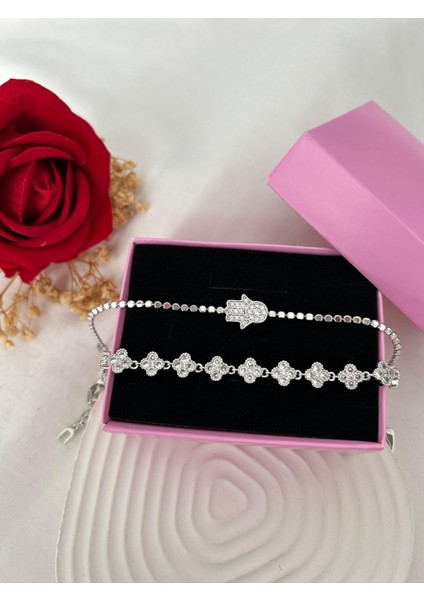 Taşlı Yonca Çiçek Bileklik Ezme Zincir Gümüş Renk 2'li Vip Xuping Set Sevgiliye Hediye fırsatları