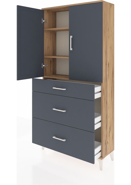 Arges Dolap 3 Raflı 3 Çekmeceli 2 Kapaklı 88X30X182 Çam-Antrasit fırsatları
