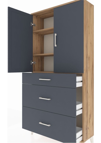 Arges Dolap 3 Raflı 3 Çekmeceli 2 Kapaklı 88X30X182 Çam-Antrasit indirimleri