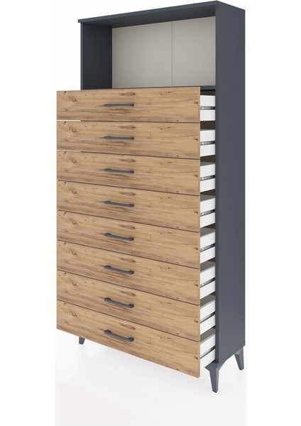 Arges Dolap Tek Raflı 8 Çekmeceli 88X30X182 Antrasit-Çam fırsatları