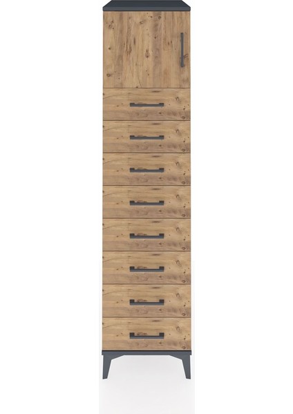 Kronos Dolap Tek Raflı 8 Çekmeceli Tek Kapaklı 44X59X182 Antrasit-Çam