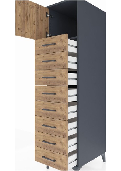 Kronos Dolap Tek Raflı 8 Çekmeceli Tek Kapaklı 44X59X182 Antrasit-Çam indirimleri