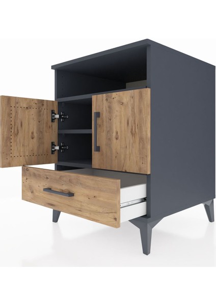 Kronos Komodin 3 Raflı Tek Çekmeceli 2 Kapaklı 60X59X80 Antrasit-Çam indirimleri