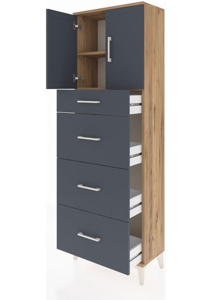 Arges Dolap 2 Raflı 4 Çekmeceli 2 Kapaklı 60X30X182 Çam-Antrasit fırsatları