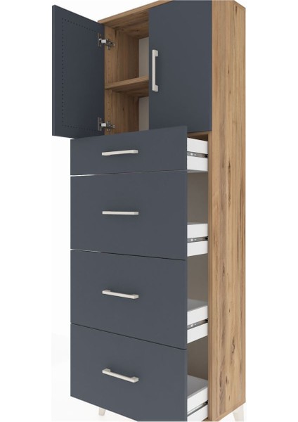 Arges Dolap 2 Raflı 4 Çekmeceli 2 Kapaklı 60X30X182 Çam-Antrasit indirimleri